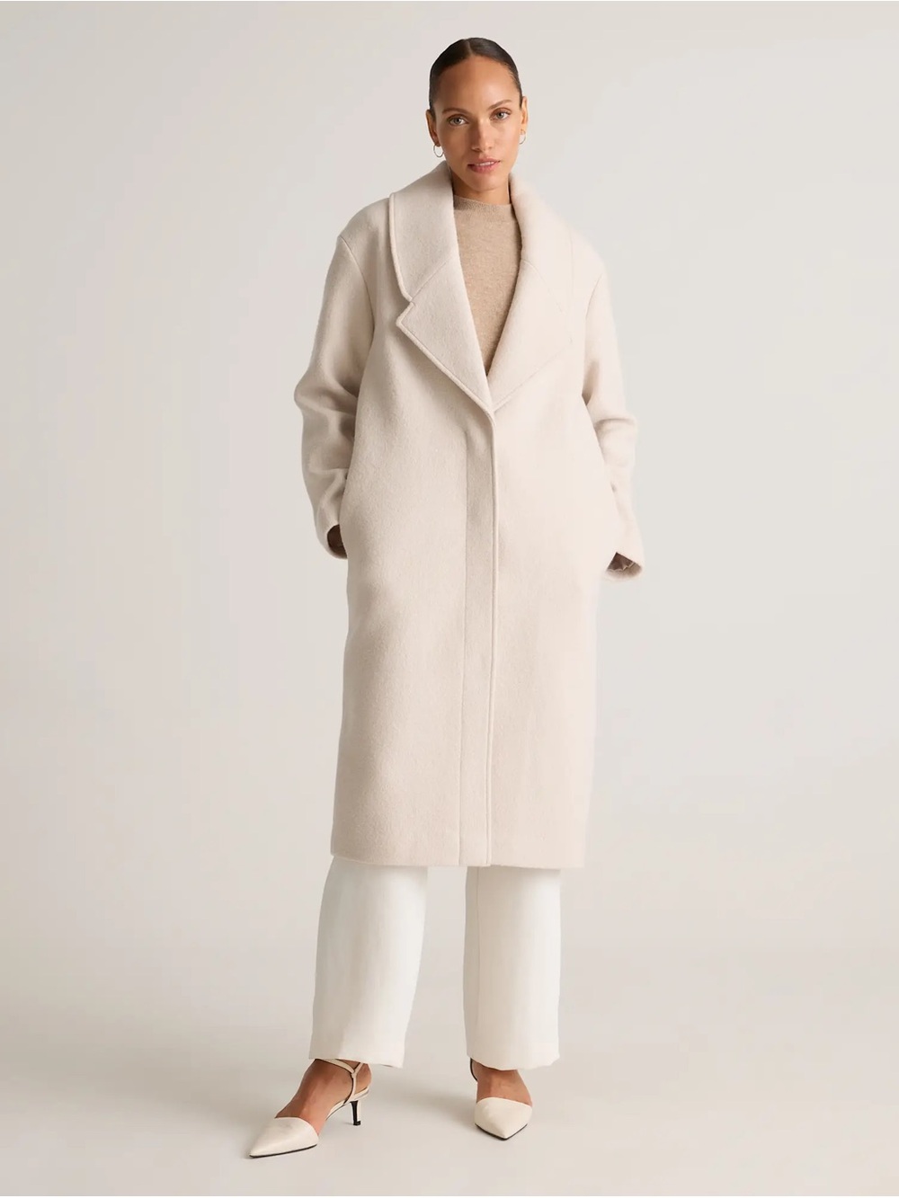 Quince NWT 100% Merino Wool Shawl Collar Long Coat Women's M Medium Heather Bone